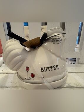 Hand-Painted White Ceramic Butter Keeper